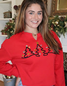 Christmas Tree Embroidered Cropped Red Sweatshirt