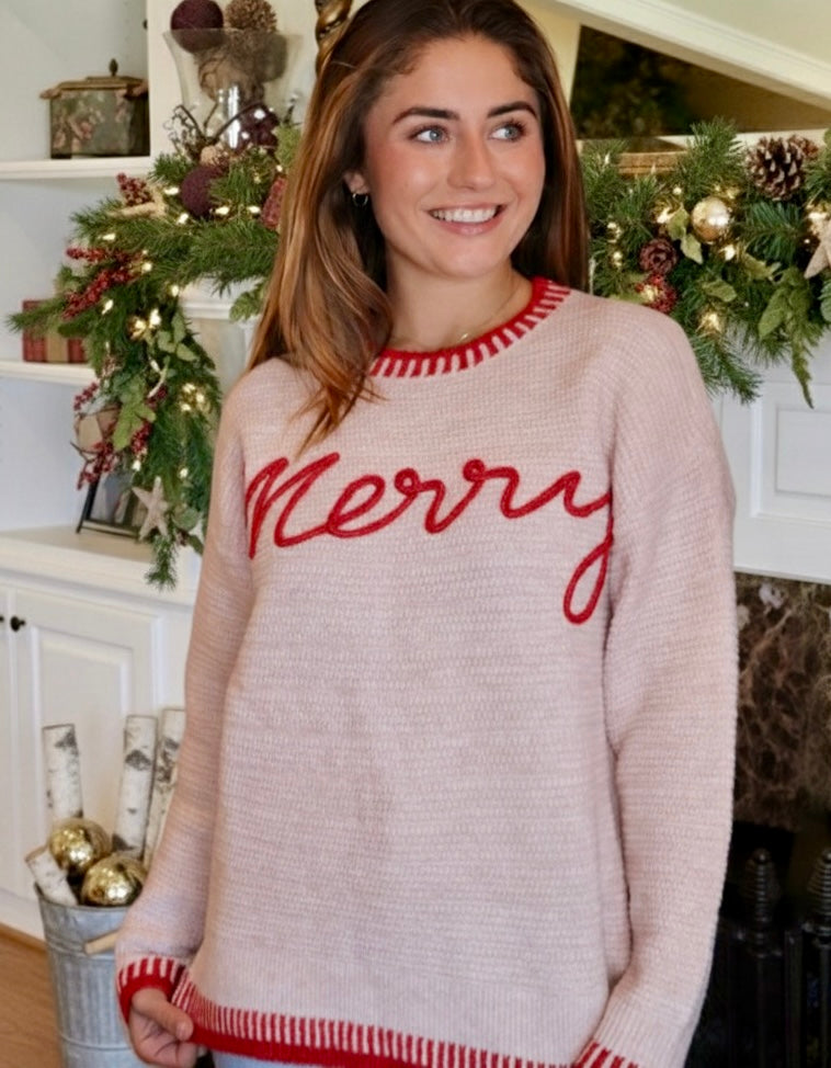 Oatmeal sweater with red embroidered "Merry"
