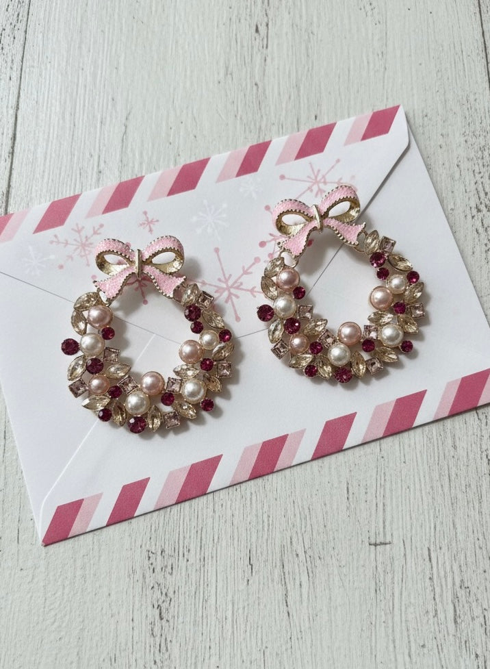 Pink Wreath Earrings rhinestones and pearls