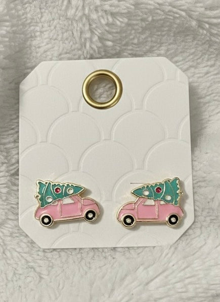 Pink Car Christmas Tree Earrings