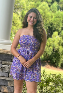 purple strapless floral mini dress