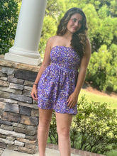 Load image into Gallery viewer, purple strapless floral mini dress
