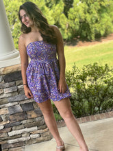 Load image into Gallery viewer, purple strapless floral mini dress
