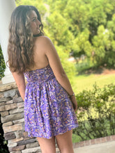 Load image into Gallery viewer, purple strapless floral mini dress
