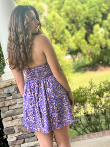 purple strapless floral mini dress