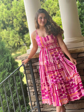 Load image into Gallery viewer, Midi dress. Multiple shades of pink&amp; white abstract design.  Tiered ruffles
