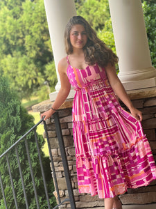 Midi dress. Multiple shades of pink& white abstract design.  Tiered ruffles