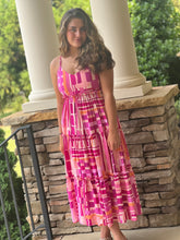 Load image into Gallery viewer, Midi dress. Multiple shades of pink&amp; white abstract design.  Tiered ruffles
