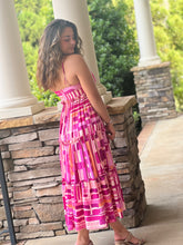 Load image into Gallery viewer, Midi dress. Multiple shades of pink&amp; white abstract design.  Tiered ruffles
