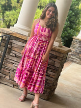 Load image into Gallery viewer, Midi dress. Multiple shades of pink&amp; white abstract design.  Tiered ruffles
