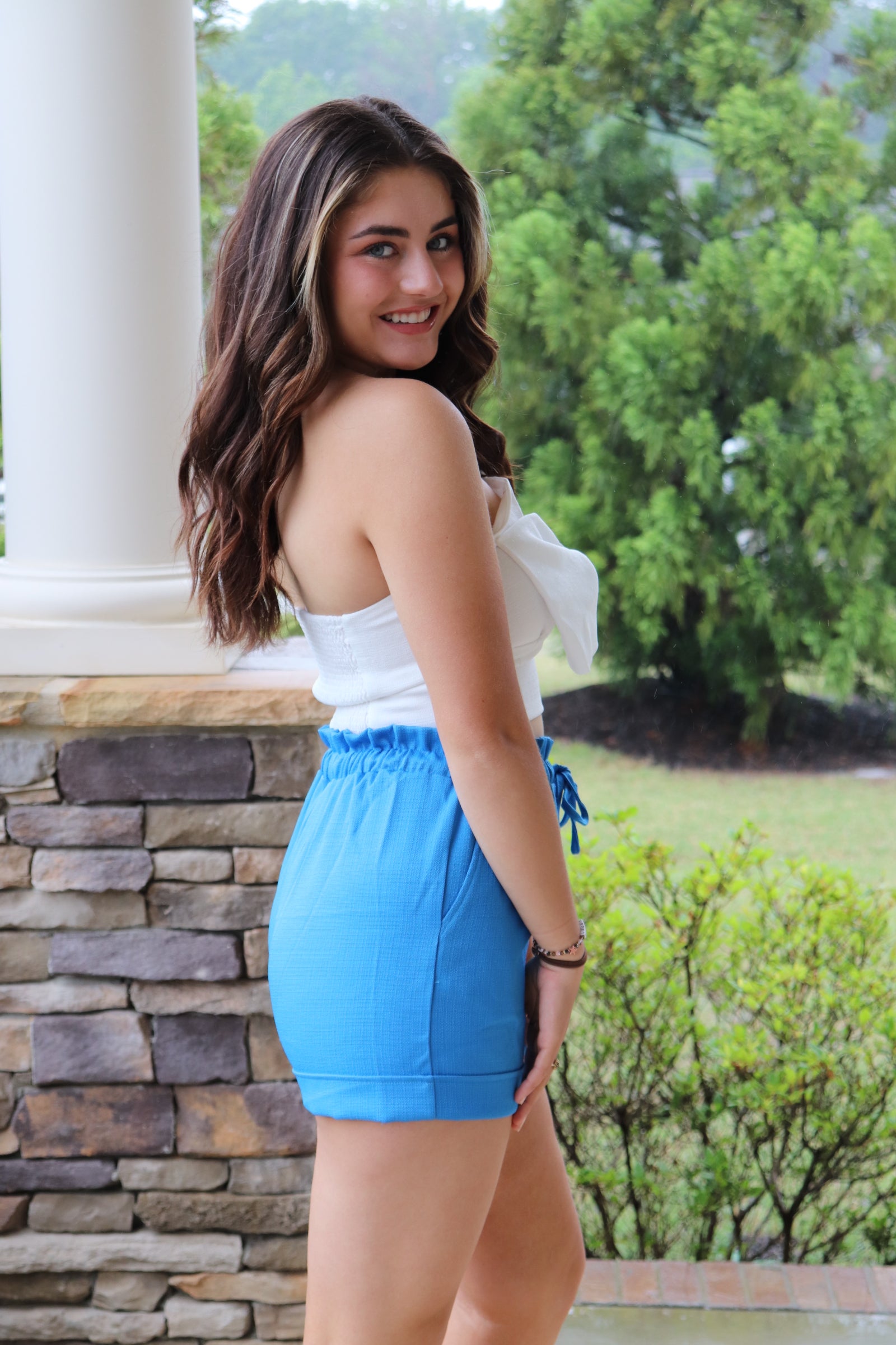 Blue linen drawstring shorts