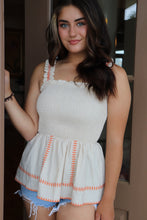 Load image into Gallery viewer, smocked linen peplum top with orange stitching
