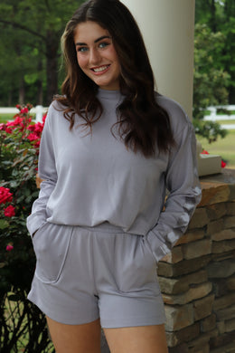 soft gray long sleeve and shorts lounge set with satin detail