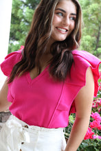 Load image into Gallery viewer, short sleeve fuchsia knit top ruffle sleeve 
