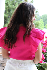 short sleeve fuchsia knit top ruffle sleeve 