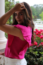 Load image into Gallery viewer, short sleeve fuchsia knit top ruffle sleeve 
