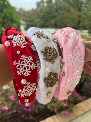 Snowflake Beaded Headbands in red, white & pink