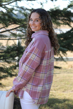 Load image into Gallery viewer, soft pink shacket plaid front pockets raw hem
