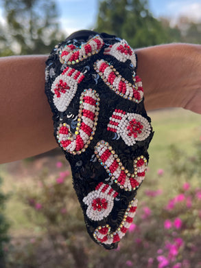 Black sequin headband with red & white candy cane and mitten seed bead designs