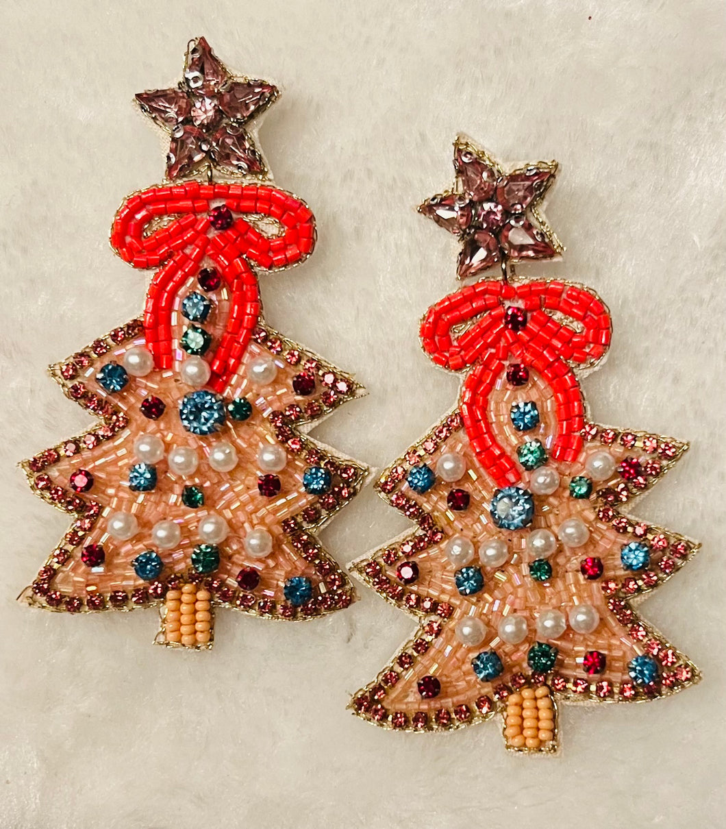 Pink Christmas Tree Earrings, Seed beads, rhinestones & pearls