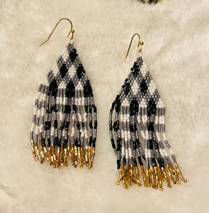 Plaid Seed Bead Fringe Earrings