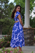Load image into Gallery viewer, shades of blue floral midi dress. open back. elastic waist. flutter sleeves
