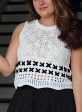 Load image into Gallery viewer, white crochet sleeveless sweater top with black yarn accent design
