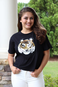 black cropped tee sequin tiger