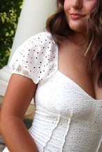 Load image into Gallery viewer, short white eyelet dress sweetheart neckline. ruffled hem.
