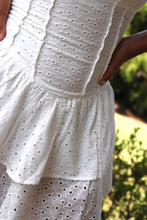 Load image into Gallery viewer, short white eyelet dress sweetheart neckline. ruffled hem.
