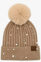 Camel Pom beanie adorned with pearl embellishments