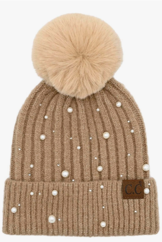 Camel Pom beanie adorned with pearl embellishments