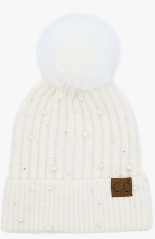 Ivory Pom beanie adorned with pearl embellishments