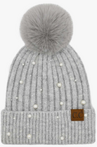 Gray Pom beanie adorned with pearl embellishments
