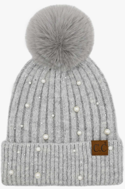 Gray Pom beanie adorned with pearl embellishments