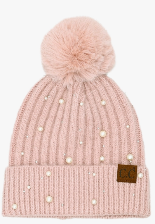 Pink Pom beanie adorned with pearl embellishments