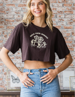 cropped brown hold your horses graphic tee