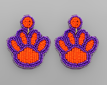 Orange & Purple Clemson Paw Seed Bead Earrings