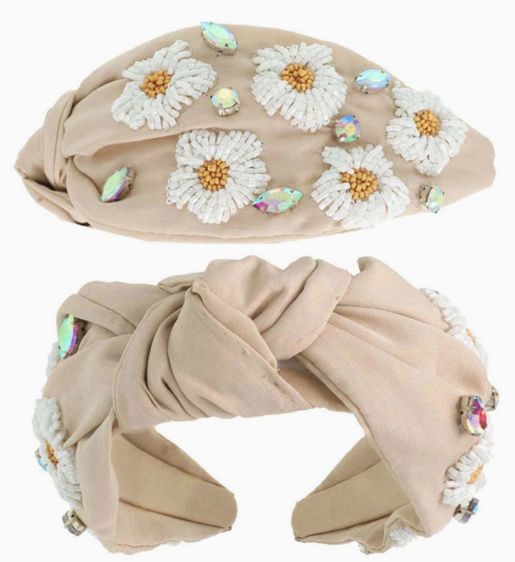taupe daisy seed bead headband