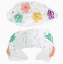 Load image into Gallery viewer, white knotted headband pastel color beaded flowers
