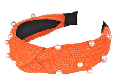 knotted orange rattan headband with pearl accents