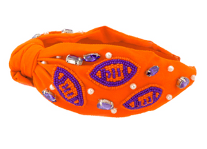 orange knotted headband. purple & orange seed bead footballs. pearl & rhinestone accents