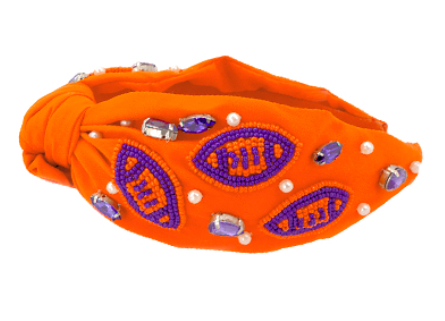 orange knotted headband. purple & orange seed bead footballs. pearl & rhinestone accents