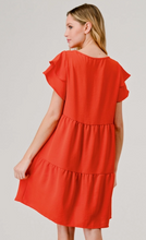 Load image into Gallery viewer, Orange Tiered Flutter Sleeve Dress
