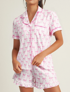 Pink Bow Ruffled Shorts Pajama Set