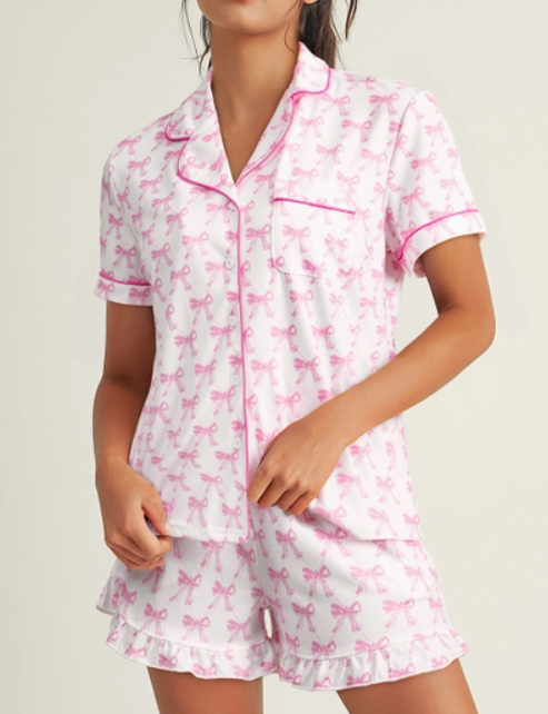 Pink Bow Ruffled Shorts Pajama Set