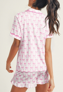 Pink Bow Ruffled Shorts Pajama Set