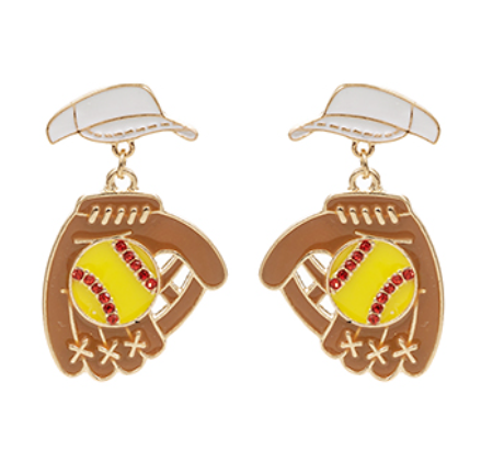 White & Brown Softball Glove/Visor Earrings