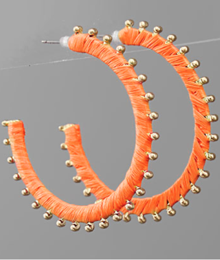 Orange Raffia & Gold Ball Accent Hoops