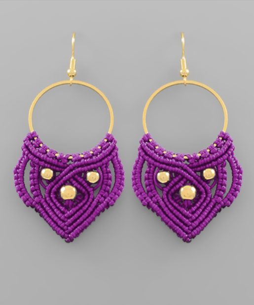 Purple Crochet & Gold Ball Earrings